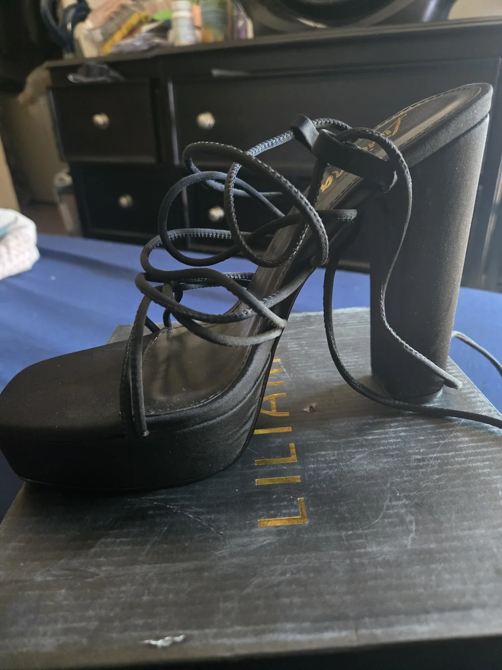 Liliana Black Strappy Platform Block Heel Sandals